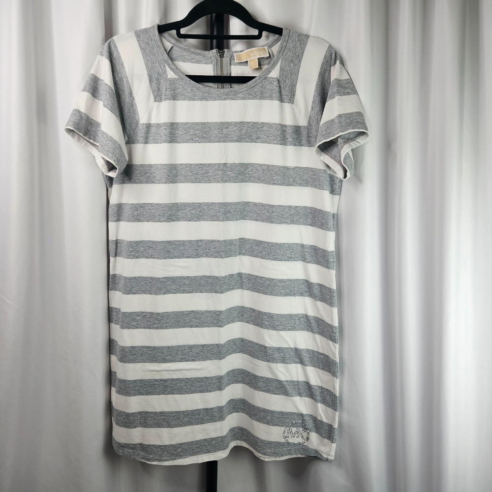 MICHAEL KORS GRAY & WHITE striped Zip cotton blend dress w/ logo size L Y2K‎